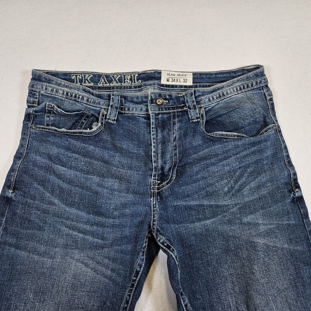TK Axel Slim Western Boot Cut Jeans Whiskers Mens 34x32 Flap Rear Pockets
